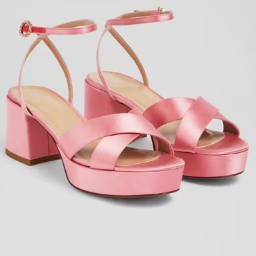 LK Bennett Amie Satin Platform Heels Pink Flamingo Crystal Buckle Sandals EU 38